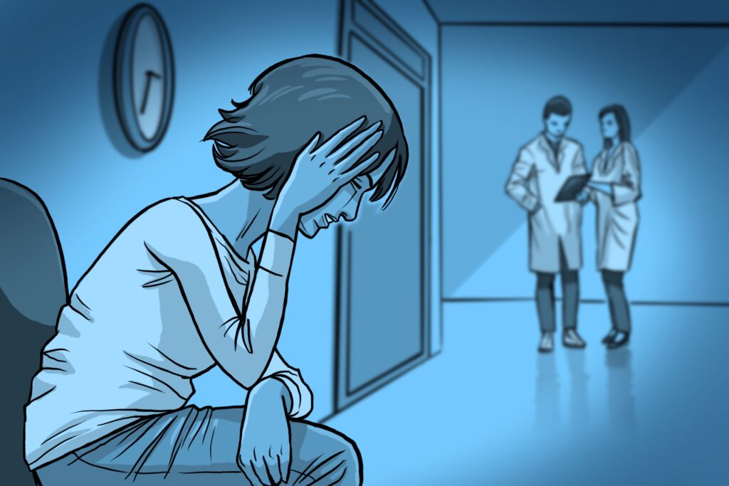 Illustration: A women wait in a doctor's office. 