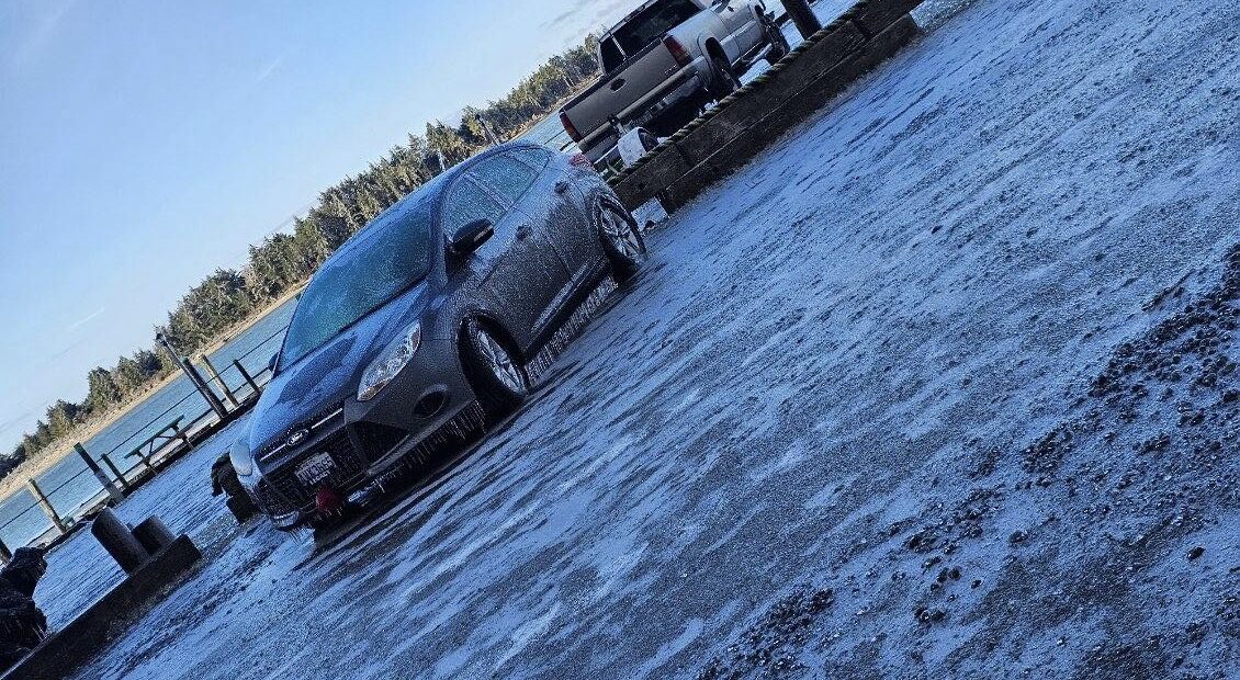 An icy parking lot near Brighton, Oregon. Many people have fallen, or had pipes burst in the cold and icy weather.