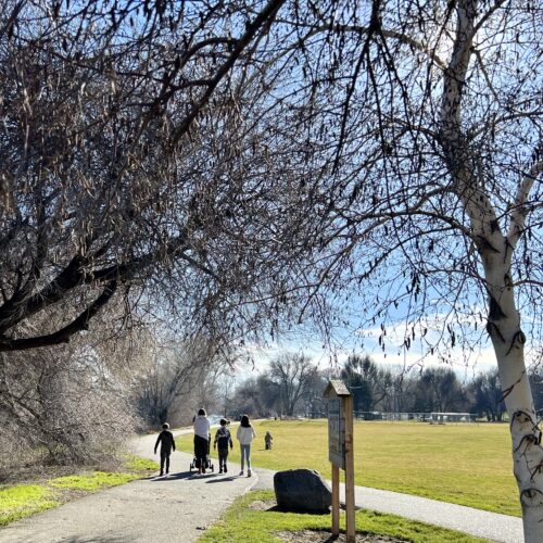 People walk along a trail at Leslie Groves Park in Richland, Wash. (Credit: Courtney Flatt / Northwest News Network)