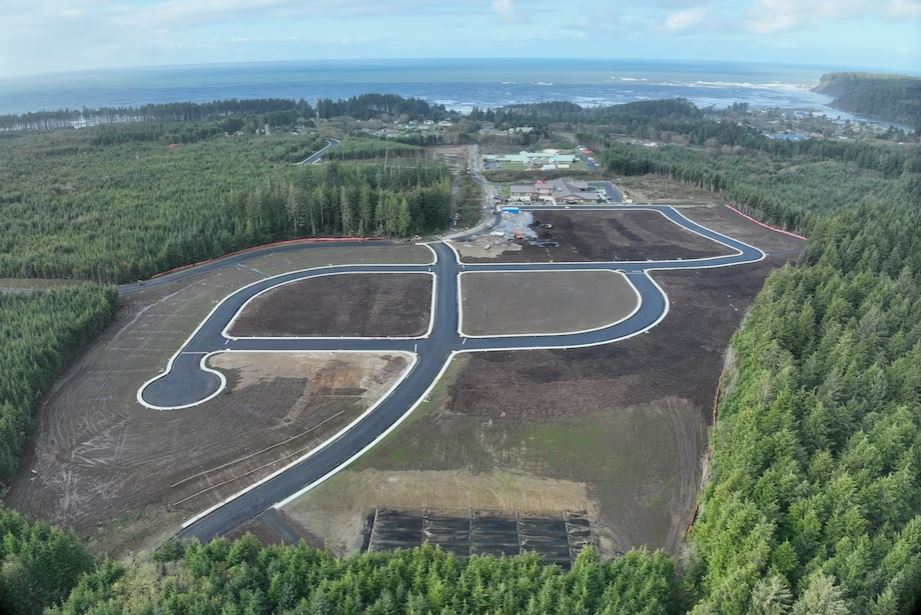 An aerial photo shows a paved roadway on dirt between thick trees with spaces for houses to be built. 