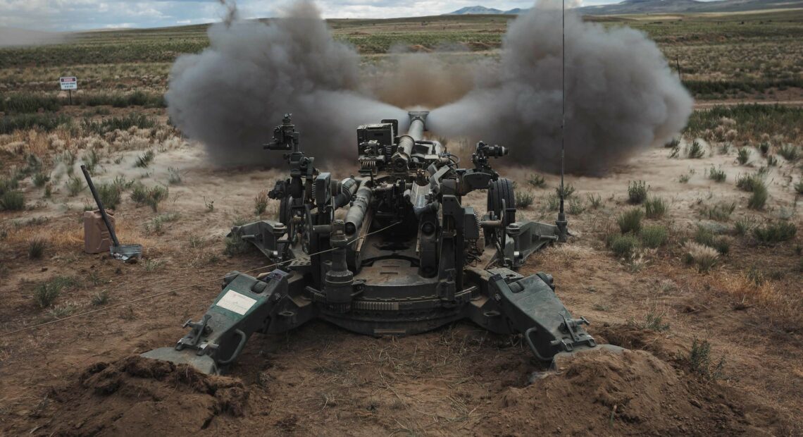 U.S. Army Soldiers with the Washington National Guard fire an M777 towed 155 mm howitzer at a direct fire range during annual training at the Yakima Training Center. (Credit: Staff Sgt. Adeline Witherspoon, U.S. Army National Guard)