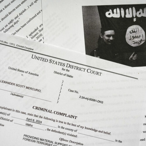 Documents show the charges filed against Mercurio and a photo of Mercurio next to an ISIS flag in black and white.