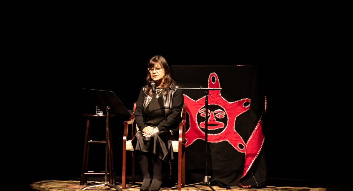 Heather Jefferson, Lhaq’temish (Lummi) Nation, part of "The Aunties: Women of the Salish Sea" at Mount Baker Theatre in Bellingham, Washington, on Nov. 11, 2023. (Credit: Mark Caicedo / Indigenous Performance Productions, ArtsFund)