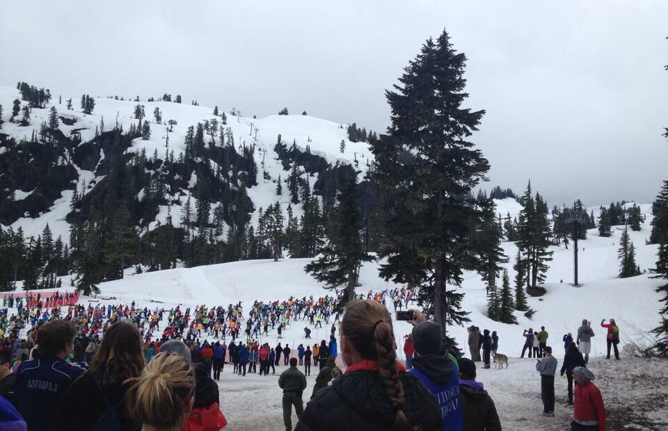 Cross country skiers line up at the start of the 2014 Ski to Sea race. (Credit: Courtney Flatt / Northwest News Network)