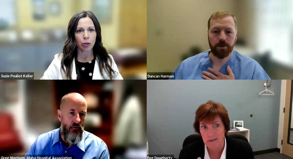 Screenshots of panelists during a press conference on Thursday. Clockwise from top left: Susie Pouliot Keller, chief executive officer of the Idaho Medical Association; Dr. Duncan Harmon, a maternal fetal medicine specialist at St. Luke’s Medical Center; Peg Dougherty, deputy general counsel for St. Luke’s; and Greg Morrison, president of the Idaho Hospital Association. (Credit: Screenshot from EMTALA press conference)