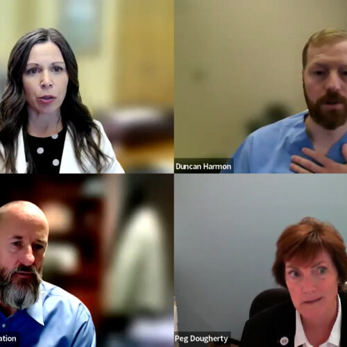 Screenshots of panelists during a press conference on Thursday. Clockwise from top left: Susie Pouliot Keller, chief executive officer of the Idaho Medical Association; Dr. Duncan Harmon, a maternal fetal medicine specialist at St. Luke’s Medical Center; Peg Dougherty, deputy general counsel for St. Luke’s; and Greg Morrison, president of the Idaho Hospital Association. (Credit: Screenshot from EMTALA press conference)