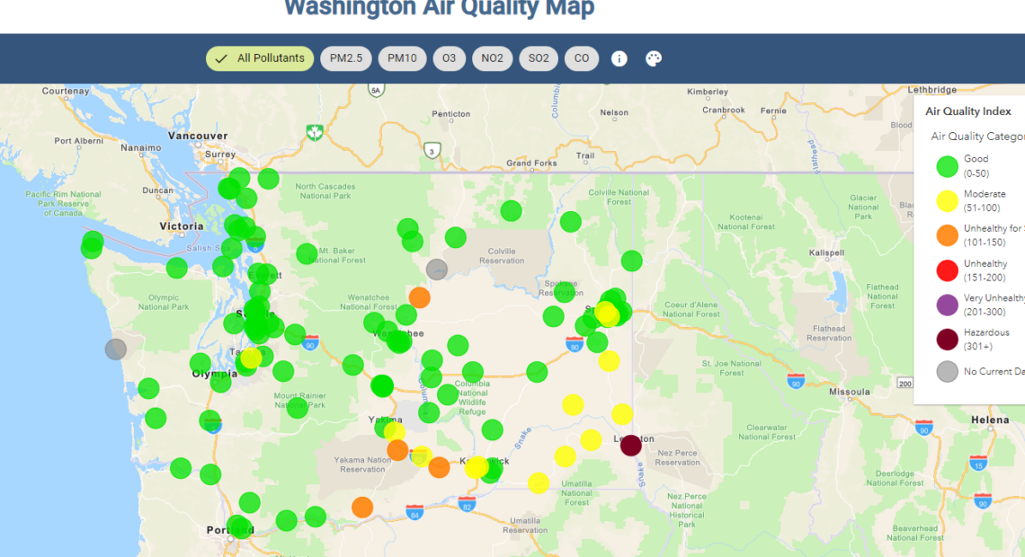 Map showing air quality levels in Washington state