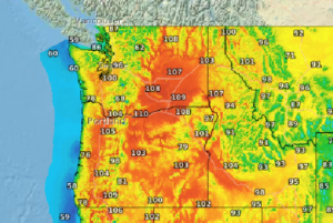 A map of Idaho, Oregon and Washington shows red and yellow zones with temperatures over 100 degrees scattered across the region.