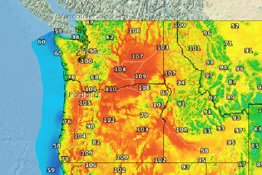 A map of Idaho, Oregon and Washington shows red and yellow zones with temperatures over 100 degrees scattered across the region.