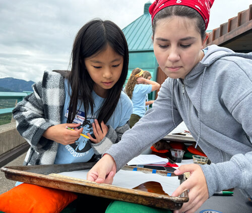 One girl in a blue plaid shirt and another girl in a red bandana and grey shirt are looking at a cookie sheet with brown goop running down it. The sky is cloudy.