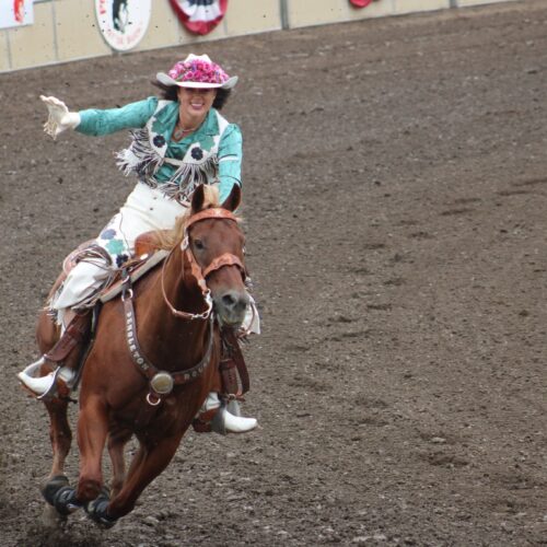 A woman wearing a flowered cowboy hat rides a dark brown horse around an arena. She waves to the crowd.