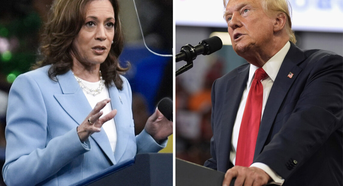 A combination of photos shows Vice President Kamala Harris on the left and former President Donald Trump on the right.