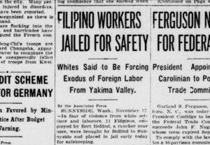 A news story in The Evening Star newspaper, published on Nov. 12, 1927, shows Filipino farmworkers' challenges in the Yakima Valley in the 1920s. (Credit: chroniclingamerica.loc.gov)